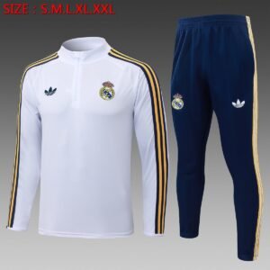 Real Madrid Training Suit 2026-2027 - White with Yellow Stripes and Navy Pants — product photo