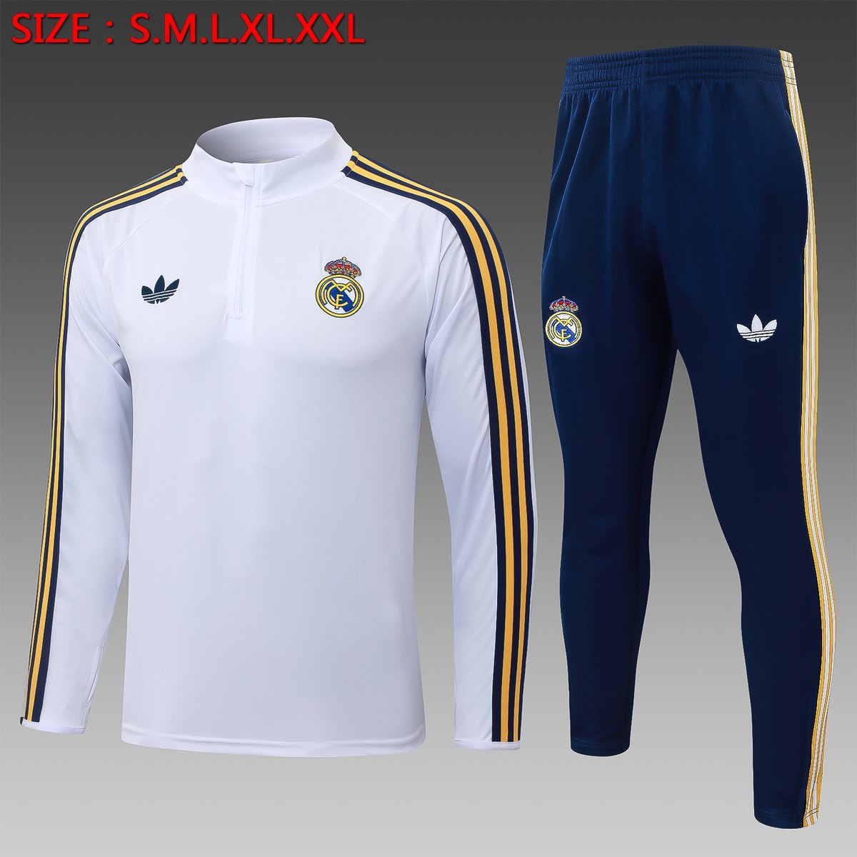 Real Madrid Training Suit 2026-2027 - White with Yellow Stripes and Navy Pants — product photo