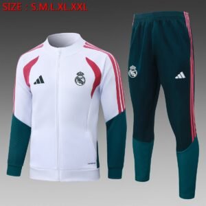 2026-2027 Real Madrid Training Suit, White with Rose Red Panels and Green Pants — product photo