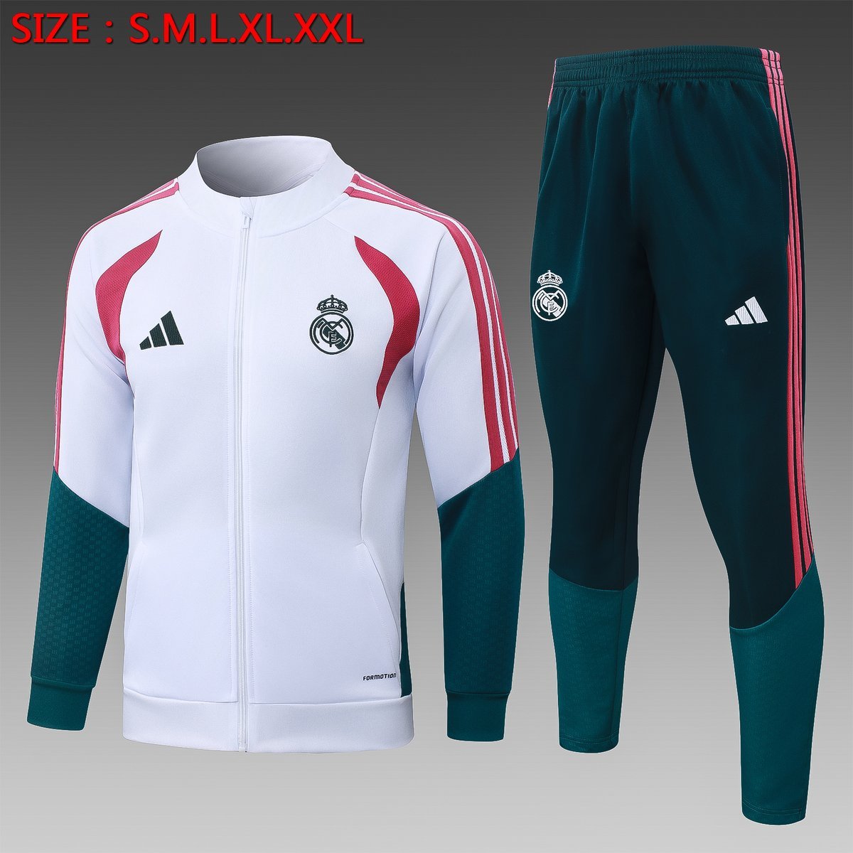 2026-2027 Real Madrid Training Suit, White with Rose Red Panels and Green Pants — product photo