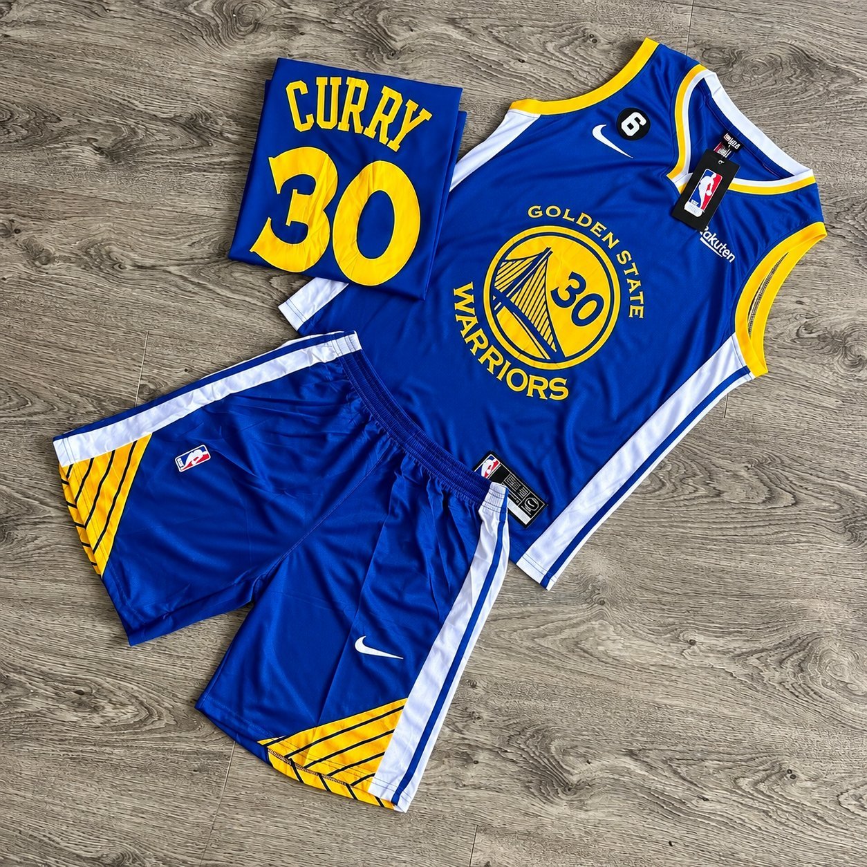 Royal blue Golden State Warriors Stephen Curry #30 home jersey set with matching shorts