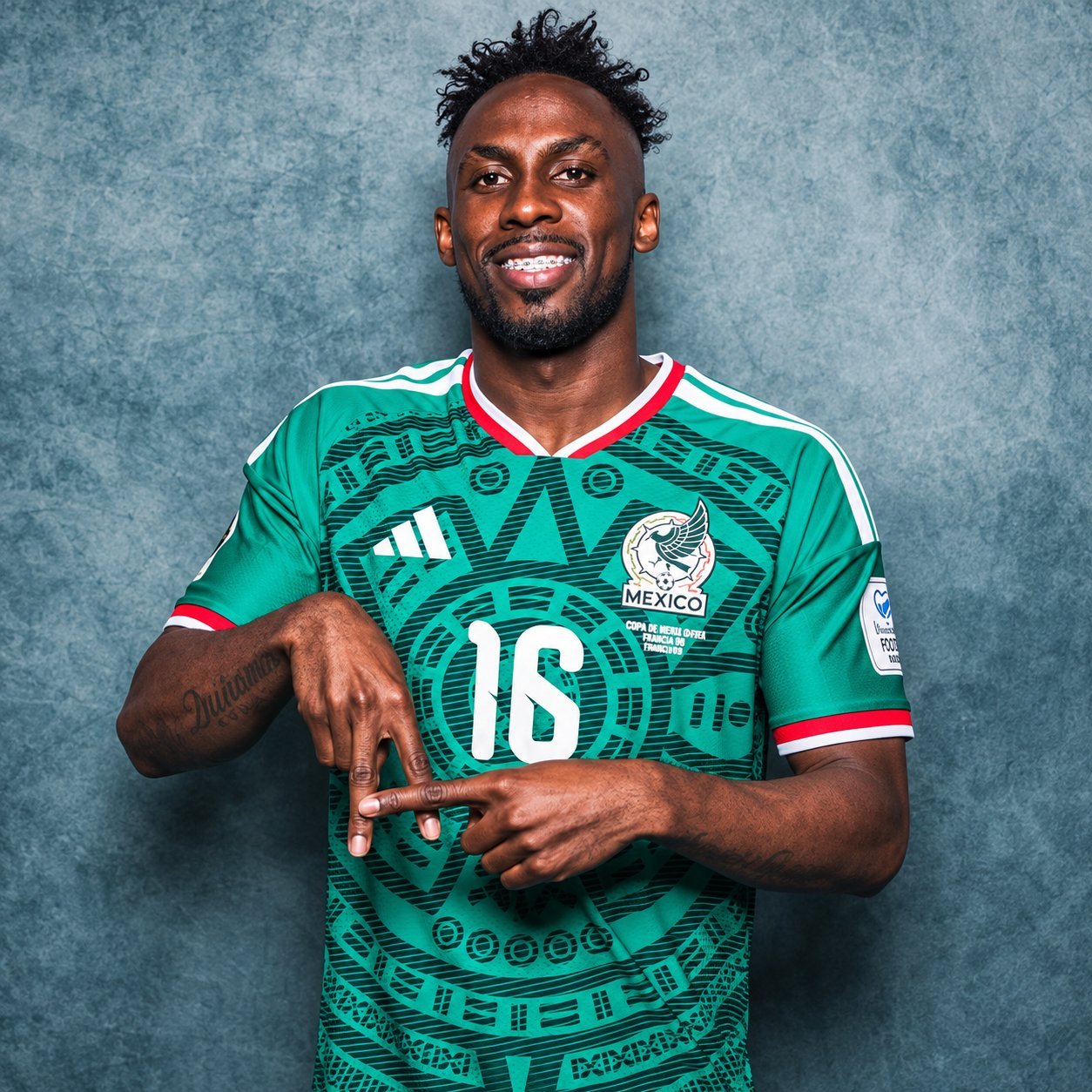 Mexico 2026 home kit on player — adidas Piedra del Sol reference